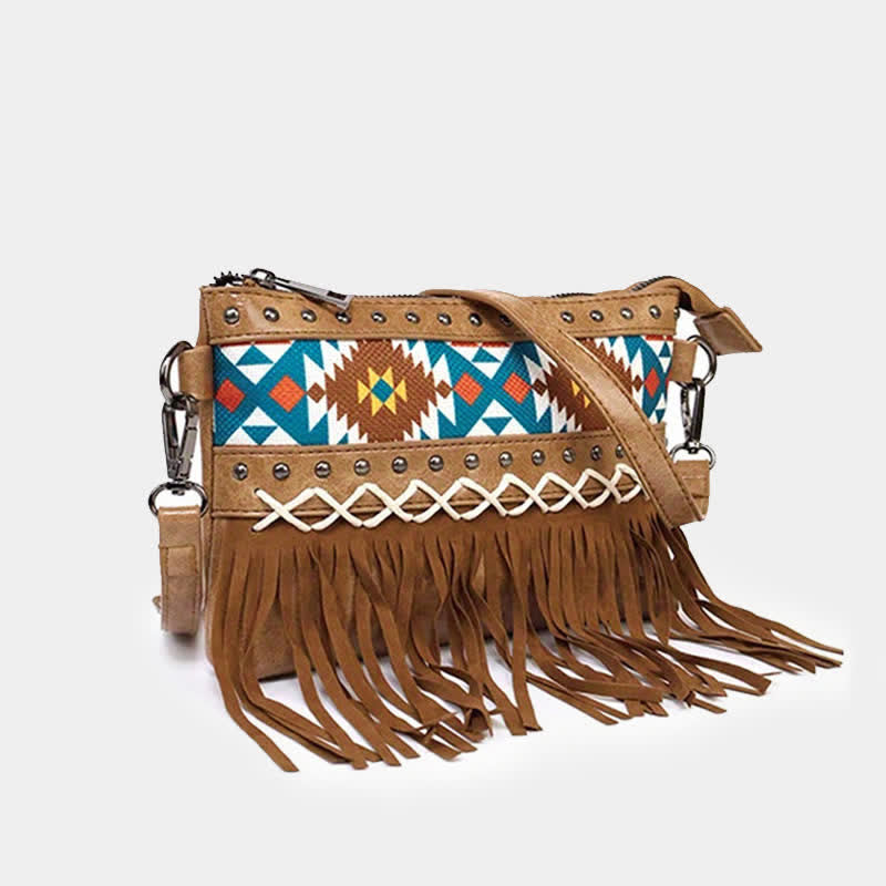 Damen Umhängetasche mit blauem Azteken-Fransenmuster im Western-Stil