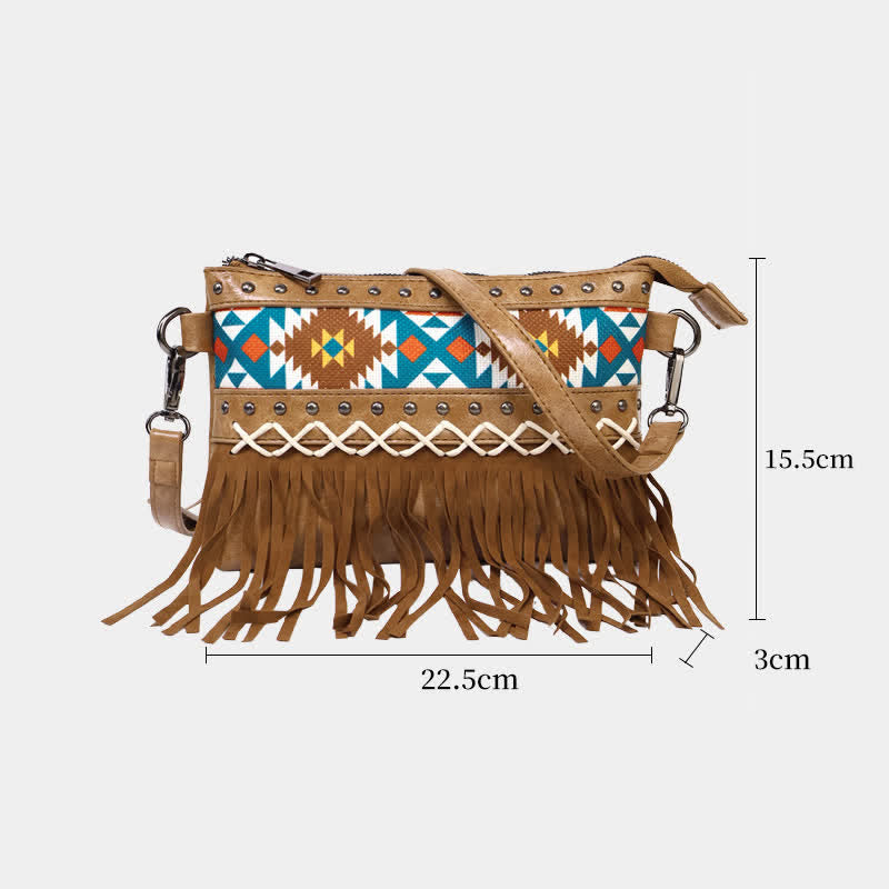 Damen Umhängetasche mit blauem Azteken-Fransenmuster im Western-Stil