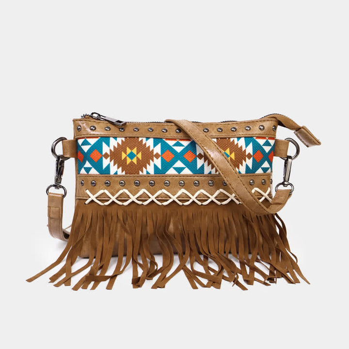 Damen Umhängetasche mit blauem Azteken-Fransenmuster im Western-Stil