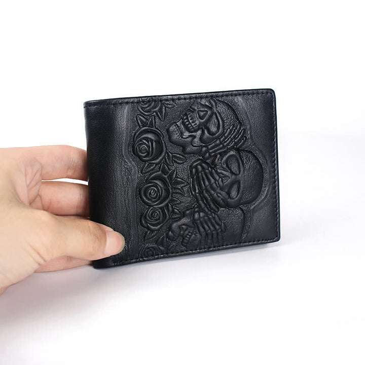 Punk Rock Schwarze Rose &amp; Totenkopf Muster Leder Geldbörse