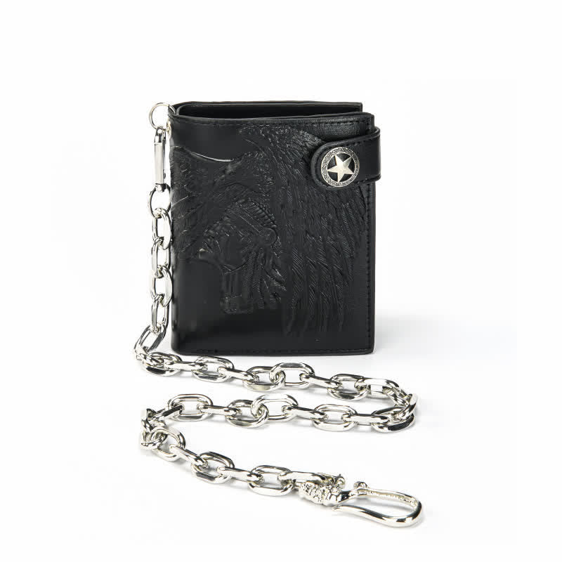 Gothic Kette Fünfzackige Sternschnalle Indisches Muster Leder Geldbörse