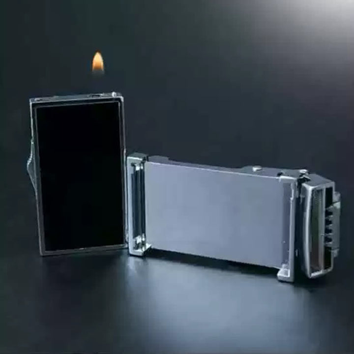 Funktioneller schwarzer Ledergürtel mit automatischer Schnalle und Feuerzeug