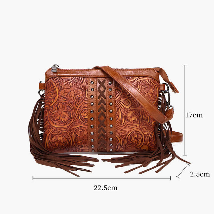 Damen-Umhängetasche mit graviertem Boho-Blumenmuster und Fransen