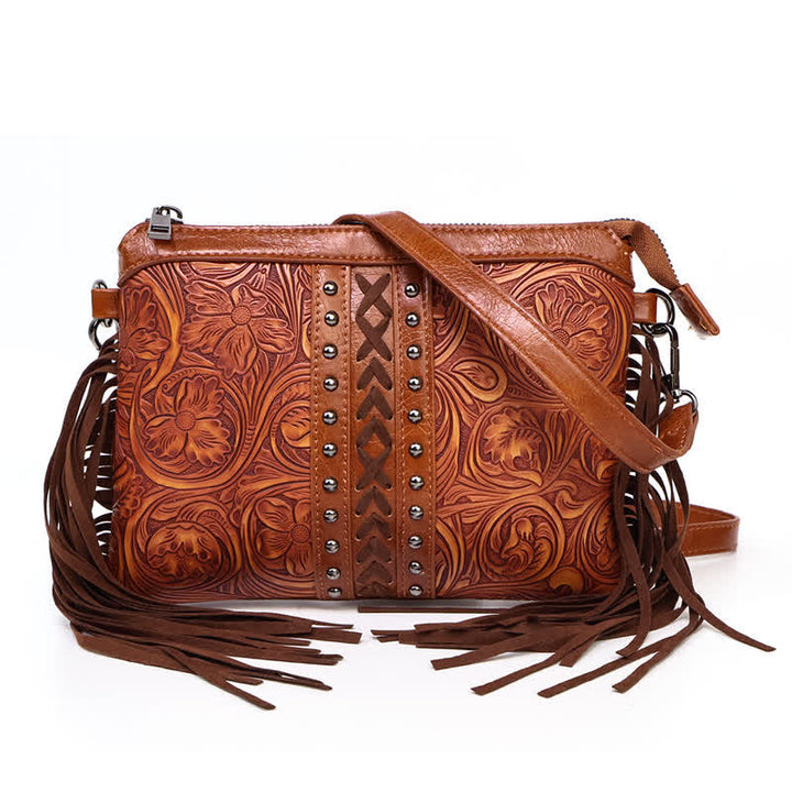 Damen-Umhängetasche mit graviertem Boho-Blumenmuster und Fransen