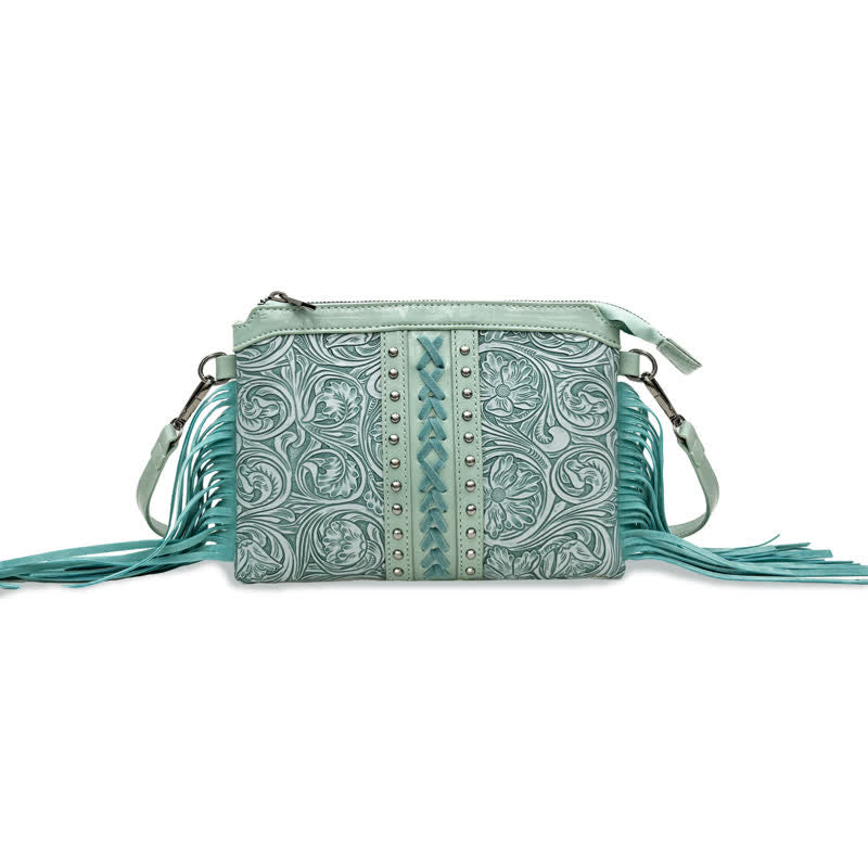 Damen-Umhängetasche mit graviertem Boho-Blumenmuster und Fransen