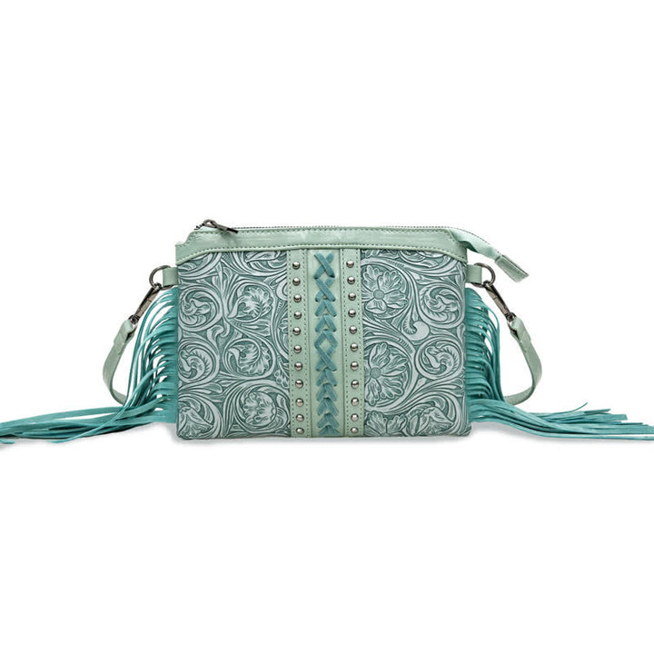 Damen-Umhängetasche mit graviertem Boho-Blumenmuster und Fransen