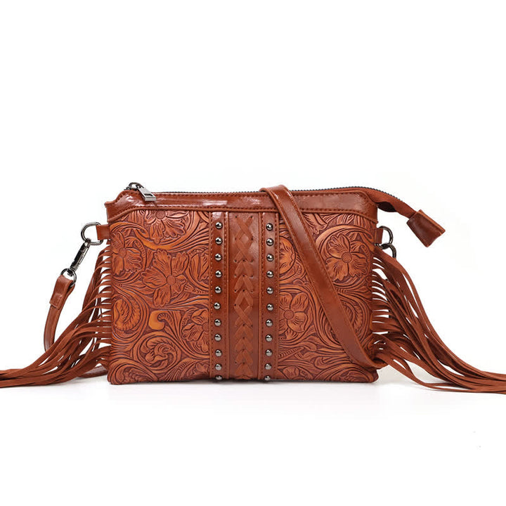 Damen-Umhängetasche mit graviertem Boho-Blumenmuster und Fransen