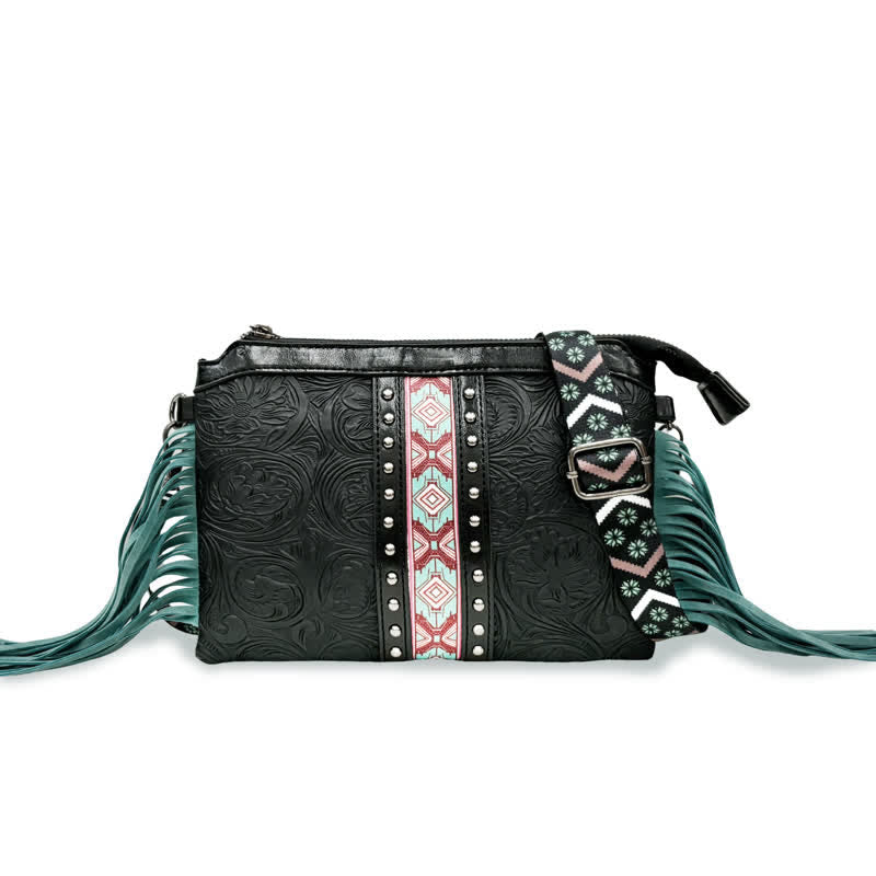 Damen-Umhängetasche mit graviertem Boho-Blumenmuster und Fransen