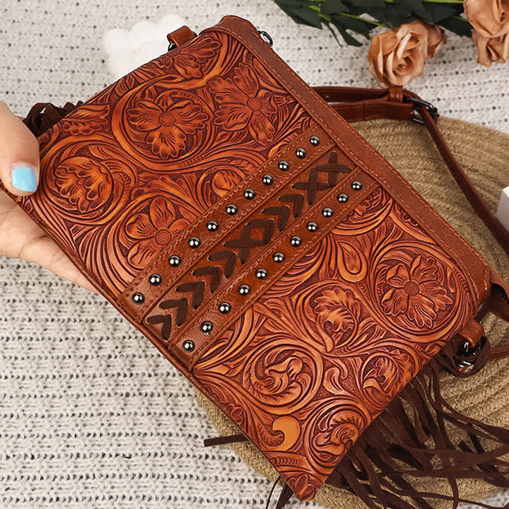 Damen-Umhängetasche mit graviertem Boho-Blumenmuster und Fransen