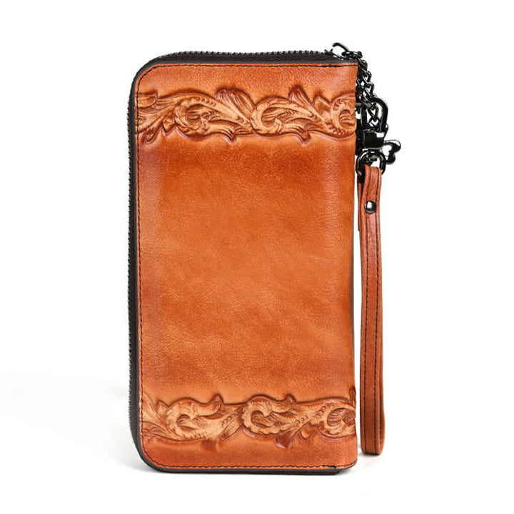 Elegante, lange Damen-Geldbörse aus Leder mit Blumenmuster und Handschlaufe