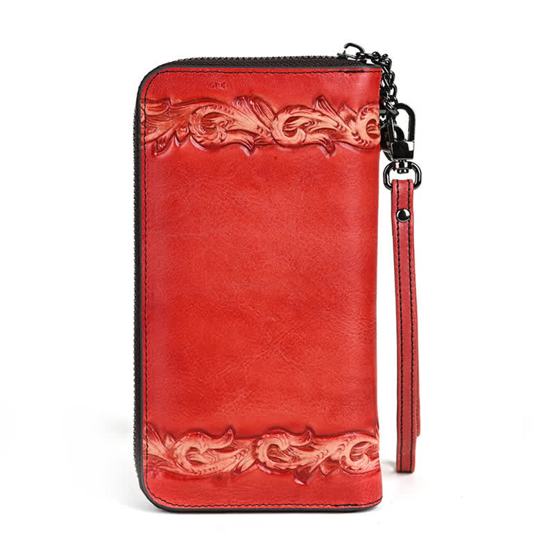 Elegante, lange Damen-Geldbörse aus Leder mit Blumenmuster und Handschlaufe