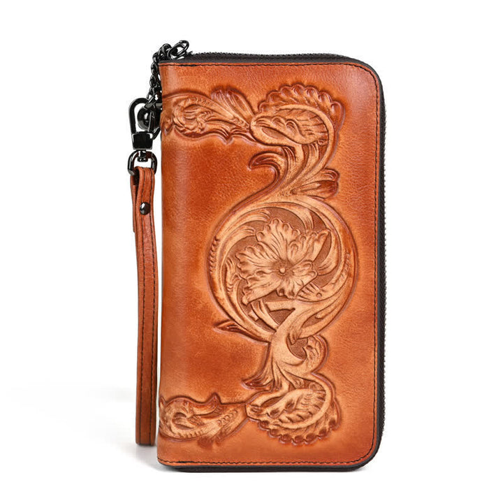 Elegante, lange Damen-Geldbörse aus Leder mit Blumenmuster und Handschlaufe