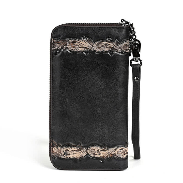 Elegante, lange Damen-Geldbörse aus Leder mit Blumenmuster und Handschlaufe