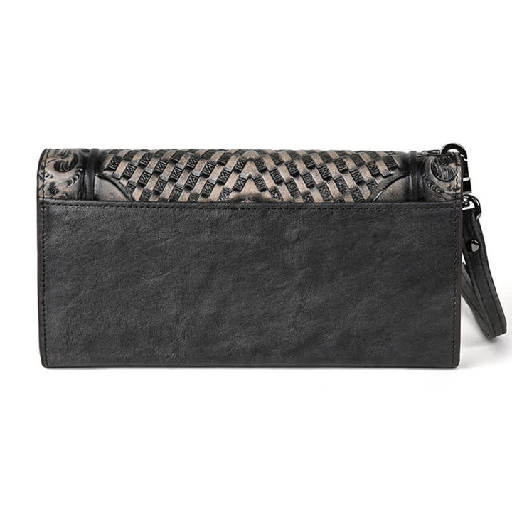 Lange, dreifach gefaltete Lederbrieftasche für Damen mit Blumenmuster und Handschlaufe
