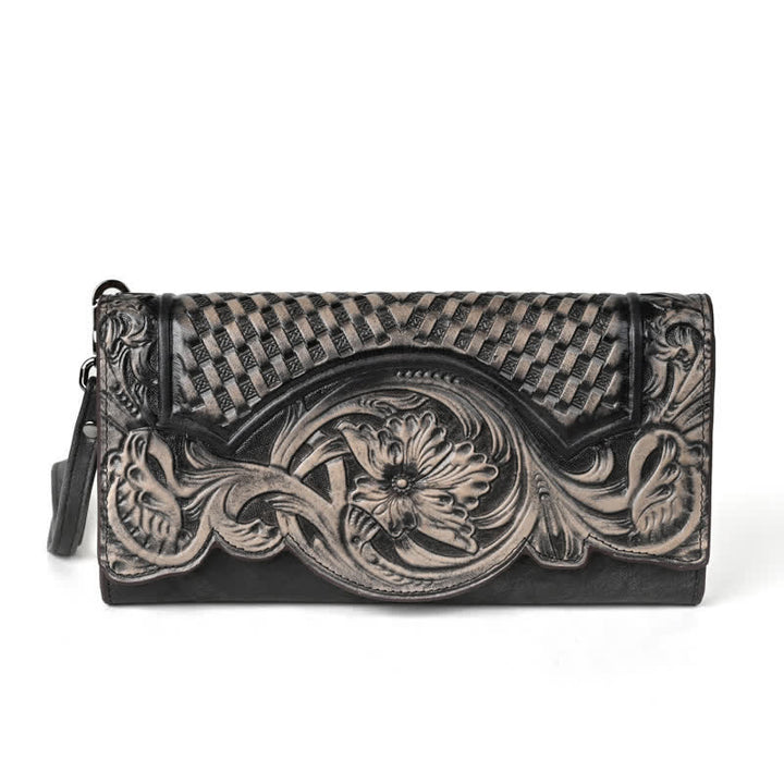 Lange, dreifach gefaltete Lederbrieftasche für Damen mit Blumenmuster und Handschlaufe