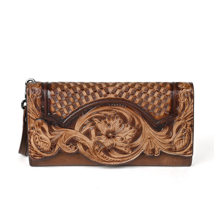 Lange, dreifach gefaltete Lederbrieftasche für Damen mit Blumenmuster und Handschlaufe