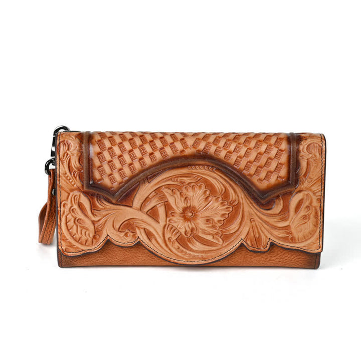 Lange, dreifach gefaltete Lederbrieftasche für Damen mit Blumenmuster und Handschlaufe
