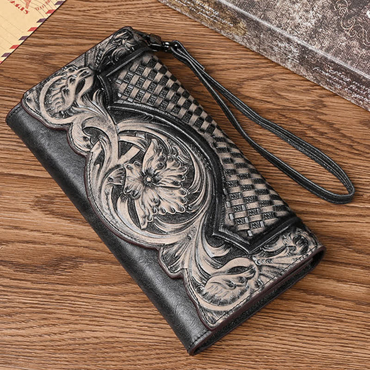 Lange, dreifach gefaltete Lederbrieftasche für Damen mit Blumenmuster und Handschlaufe