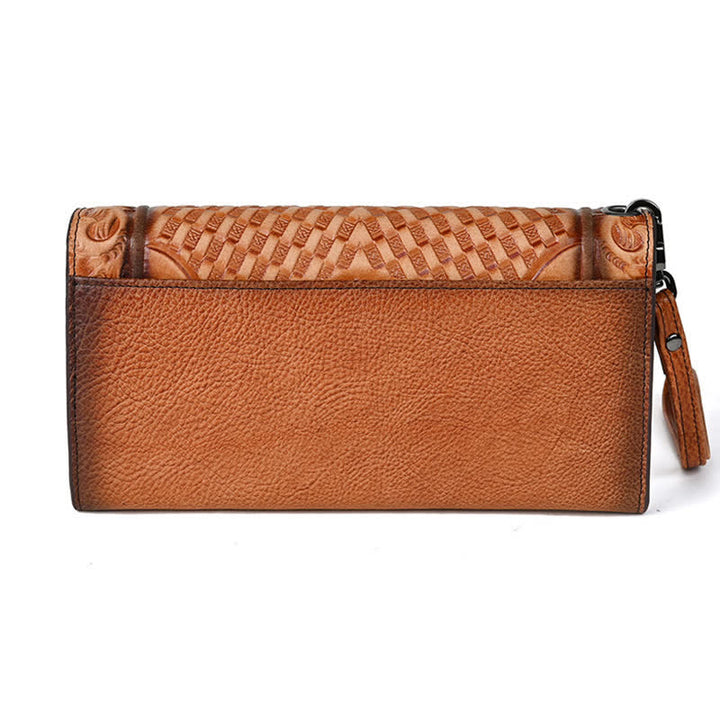 Lange, dreifach gefaltete Lederbrieftasche für Damen mit Blumenmuster und Handschlaufe