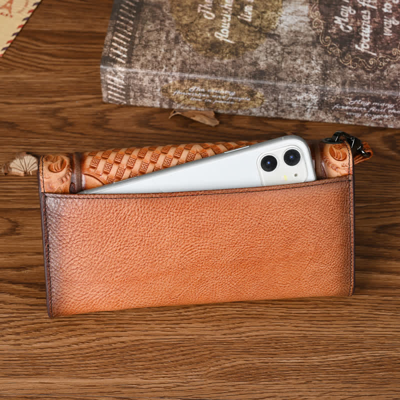 Lange, dreifach gefaltete Lederbrieftasche für Damen mit Blumenmuster und Handschlaufe