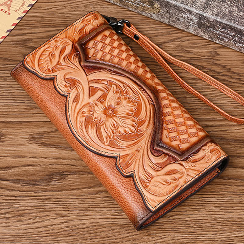 Lange, dreifach gefaltete Lederbrieftasche für Damen mit Blumenmuster und Handschlaufe
