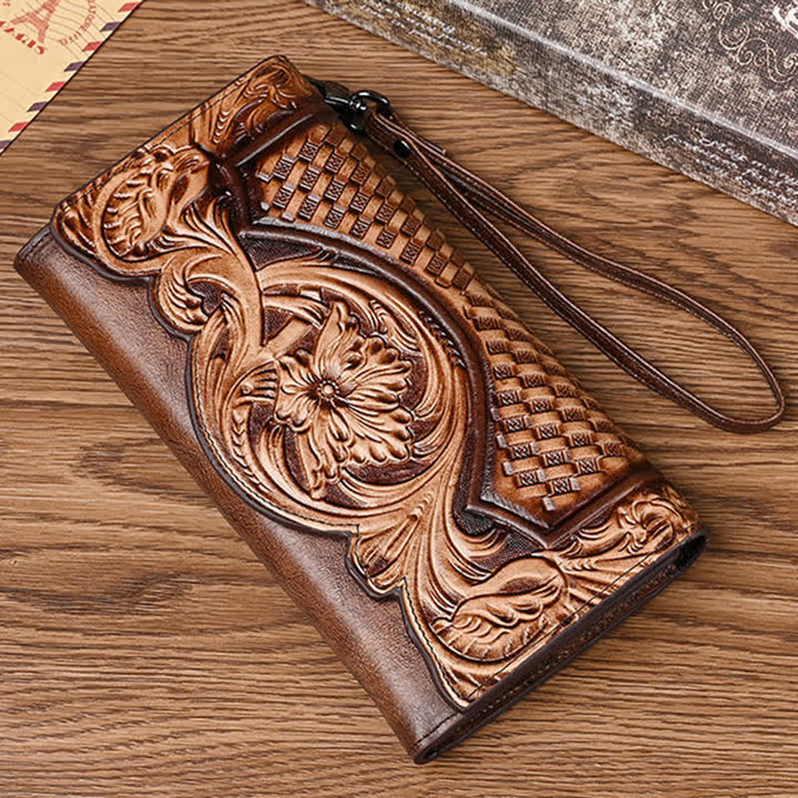 Lange, dreifach gefaltete Lederbrieftasche für Damen mit Blumenmuster und Handschlaufe