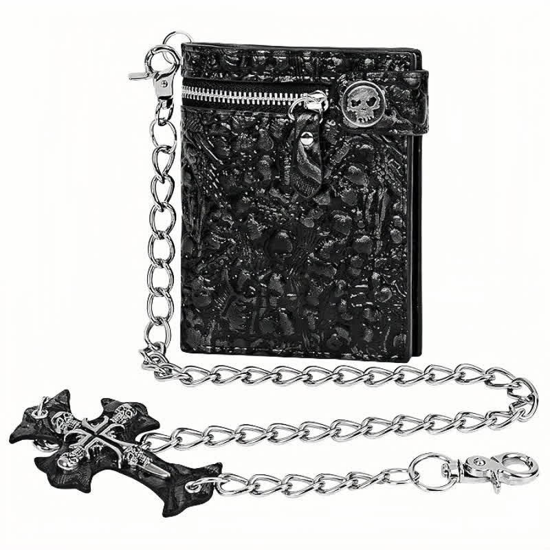 Schwarze Gothic Death God Skull Leder Geldbörse mit Kette