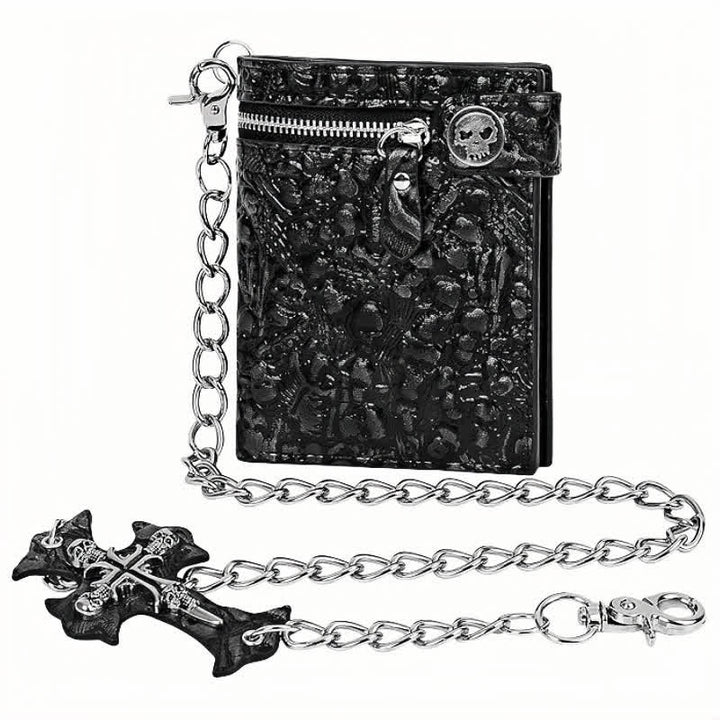 Schwarze Gothic Death God Skull Leder Geldbörse mit Kette