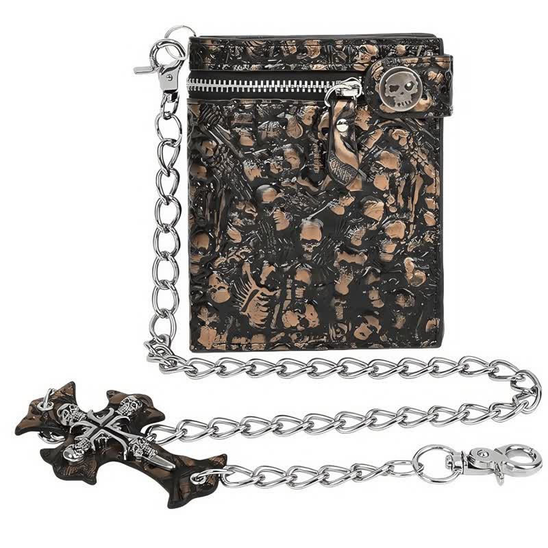 Schwarze Gothic Death God Skull Leder Geldbörse mit Kette