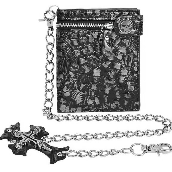 Schwarze Gothic Death God Skull Leder Geldbörse mit Kette