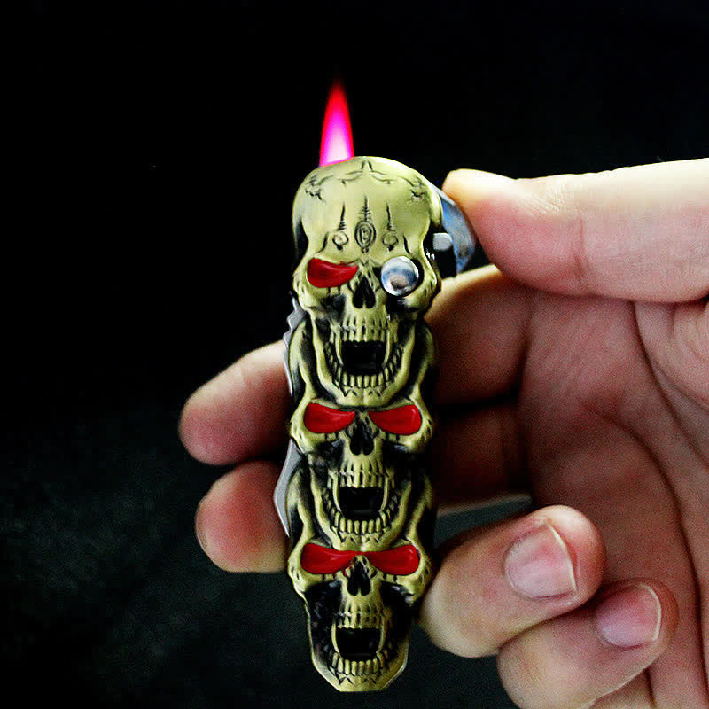 Nachfüllbares Butanfeuerzeug mit drei Totenkopfköpfen und Messer - image 2
