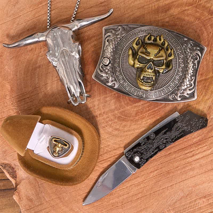 Totenkopf DIY Verstecktes Messer Gürtelschnalle Longhorn Anhänger Bull Ring Bundle Set