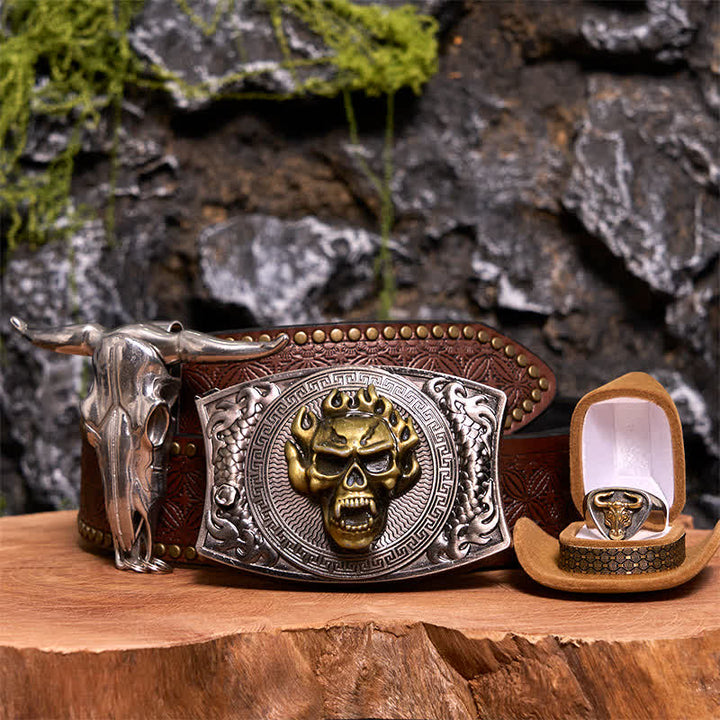 Totenkopf DIY Verstecktes Messer Gürtelschnalle Longhorn Anhänger Bull Ring Bundle Set