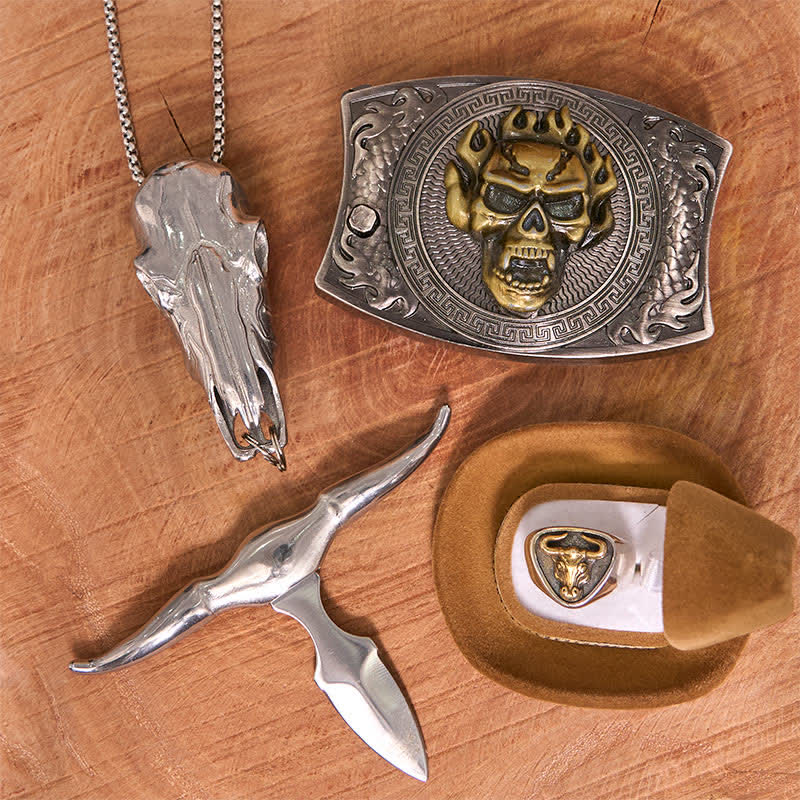 Totenkopf DIY Verstecktes Messer Gürtelschnalle Longhorn Anhänger Bull Ring Bundle Set