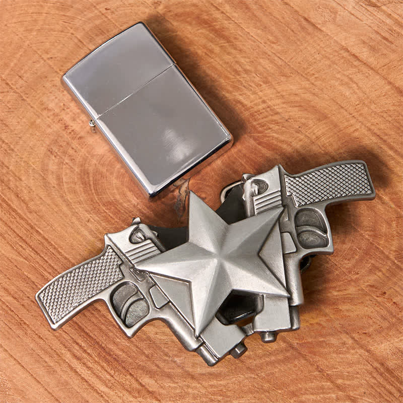 Herren DIY Dual Guns   Stern Leder Gürtel mit verstecktem Feuerzeug