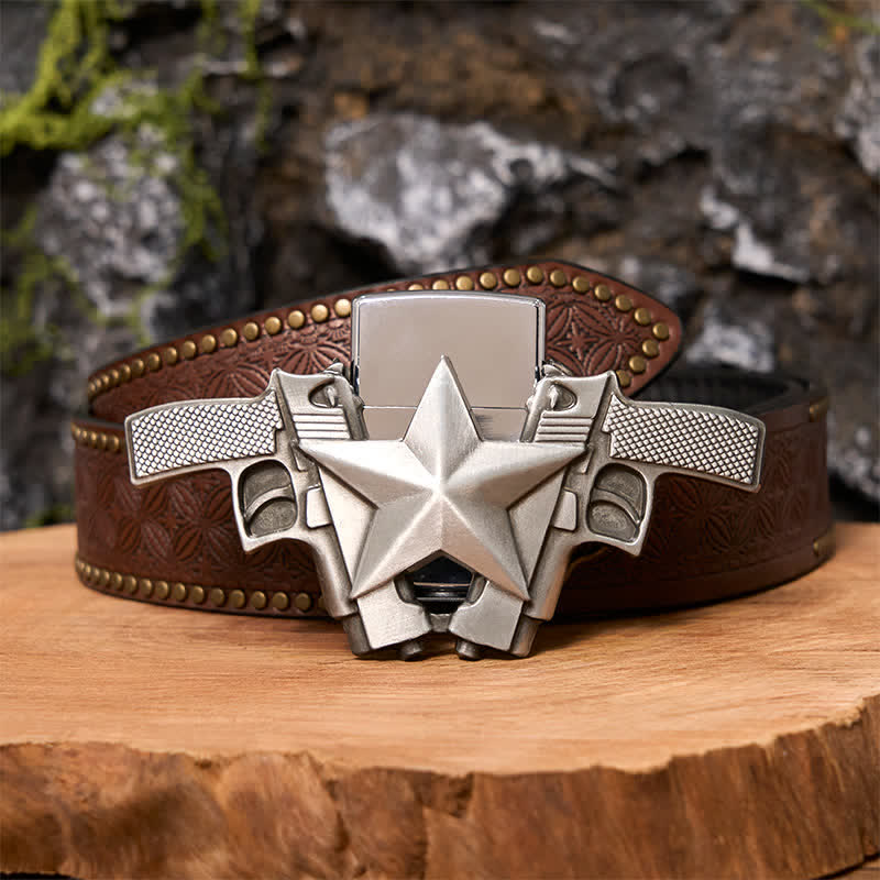 Herren DIY Dual Guns   Stern Leder Gürtel mit verstecktem Feuerzeug