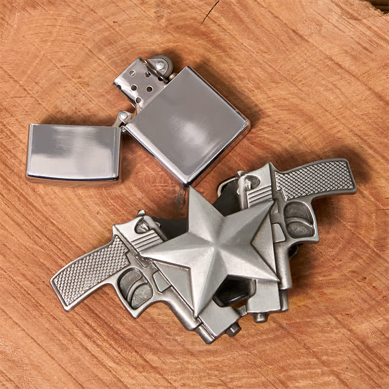 Herren DIY Dual Guns   Stern Leder Gürtel mit verstecktem Feuerzeug