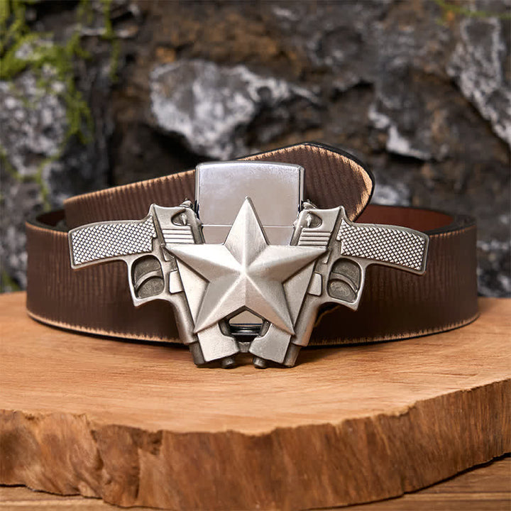 Herren DIY Dual Guns   Stern Leder Gürtel mit verstecktem Feuerzeug