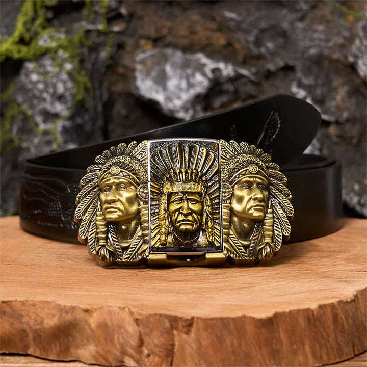 Herren DIY Indian Chief Head Ledergürtel mit verdecktem Feuerzeug
