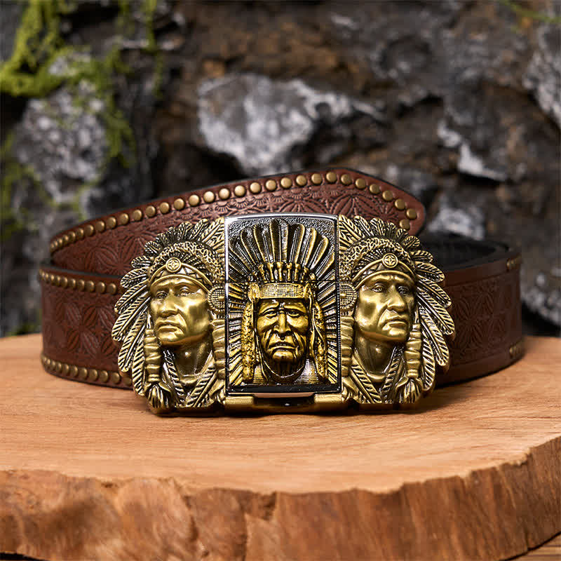 Herren DIY Indian Chief Head Ledergürtel mit verdecktem Feuerzeug