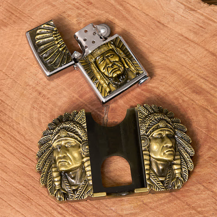 Herren DIY Indian Chief Head Ledergürtel mit verdecktem Feuerzeug