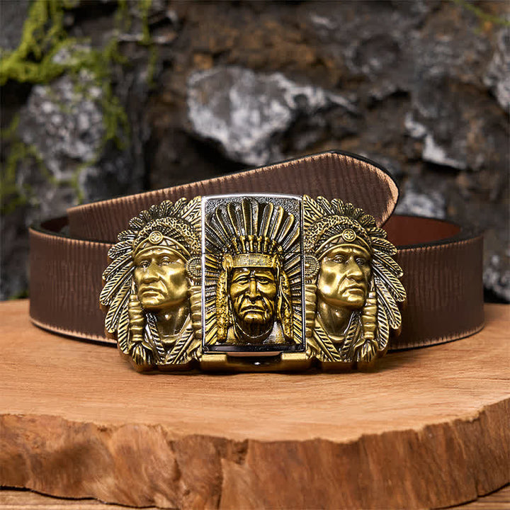 Herren DIY Indian Chief Head Ledergürtel mit verdecktem Feuerzeug