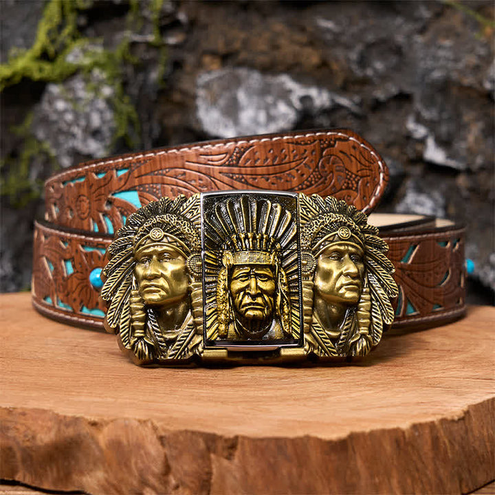 Herren DIY Indian Chief Head Ledergürtel mit verdecktem Feuerzeug