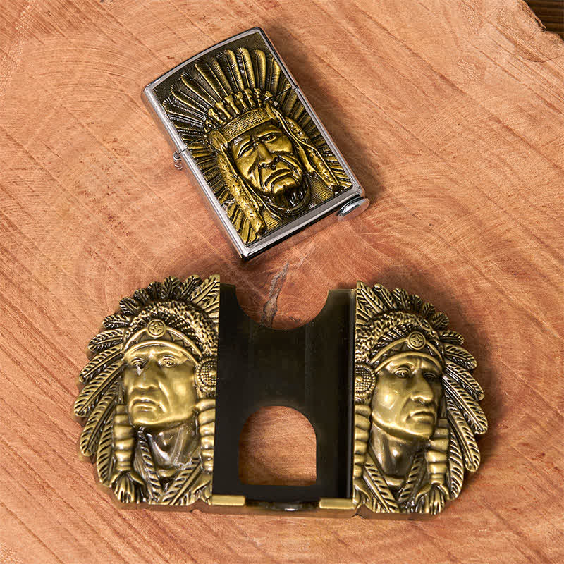 Herren DIY Indian Chief Head Ledergürtel mit verdecktem Feuerzeug