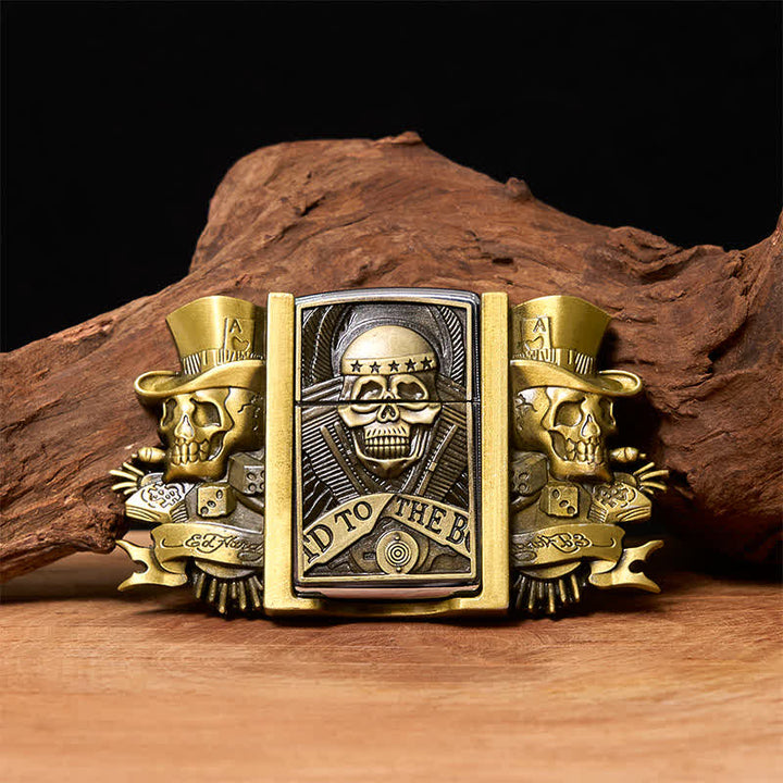 Herren DIY Triple Joker Schädel Bronze Ledergürtel mit verstecktem Feuerzeug