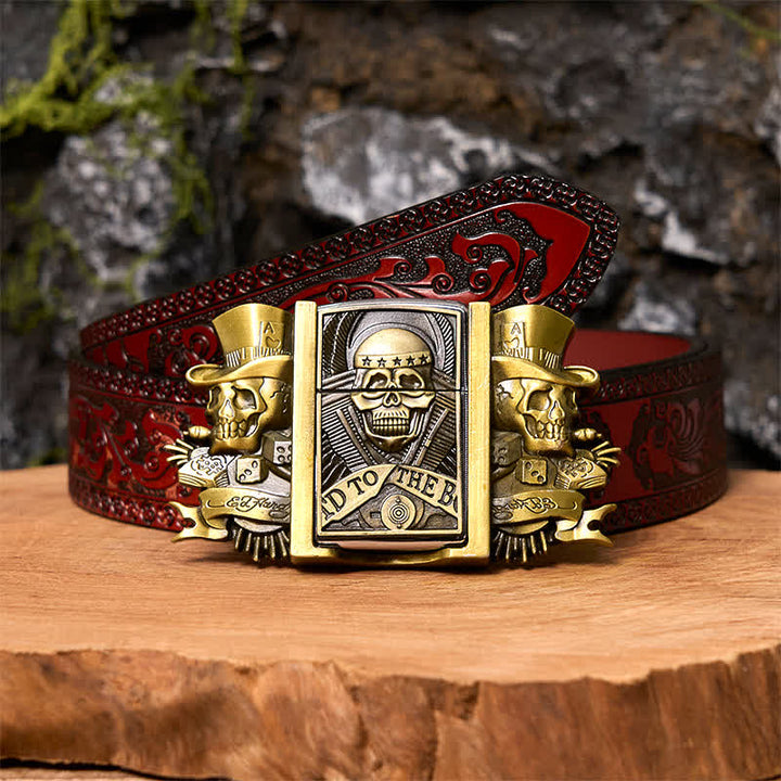Herren DIY Triple Joker Schädel Bronze Ledergürtel mit verstecktem Feuerzeug