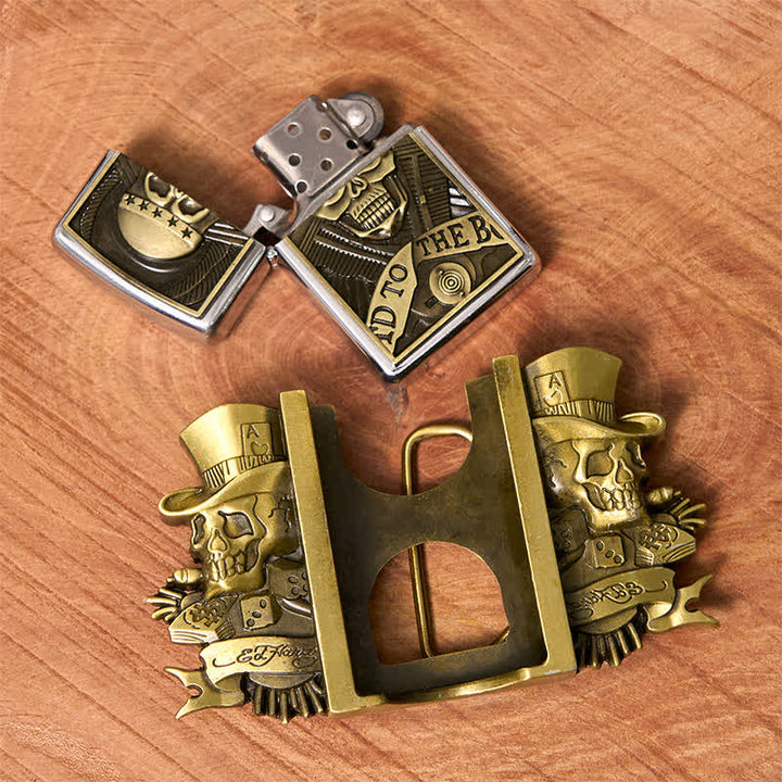 Herren DIY Triple Joker Schädel Bronze Ledergürtel mit verstecktem Feuerzeug
