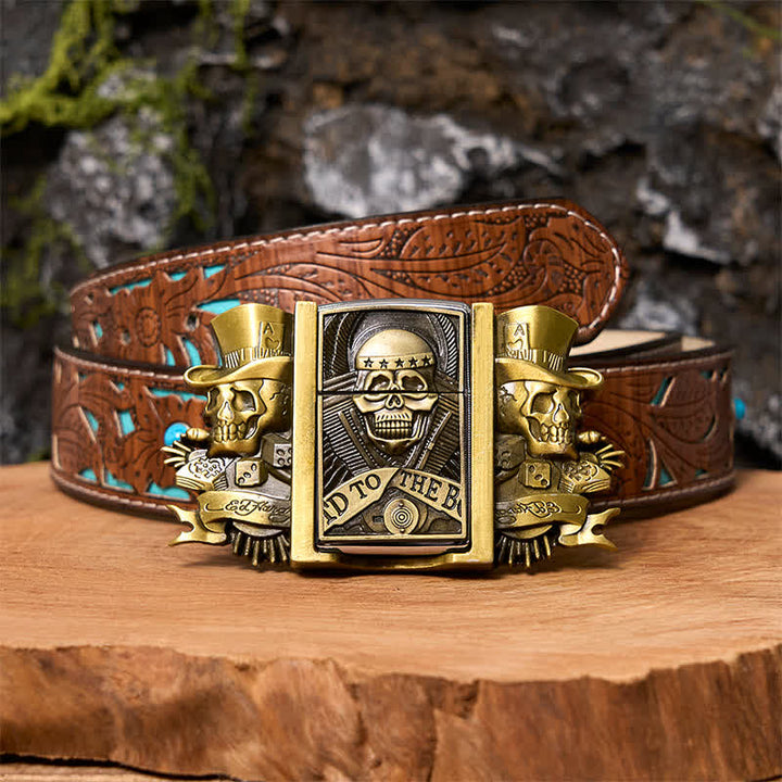 Herren DIY Triple Joker Schädel Bronze Ledergürtel mit verstecktem Feuerzeug