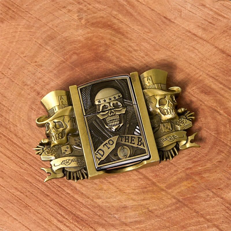 Herren DIY Triple Joker Schädel Bronze Ledergürtel mit verstecktem Feuerzeug