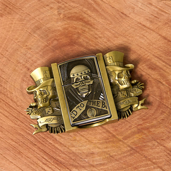 Herren DIY Triple Joker Schädel Bronze Ledergürtel mit verstecktem Feuerzeug